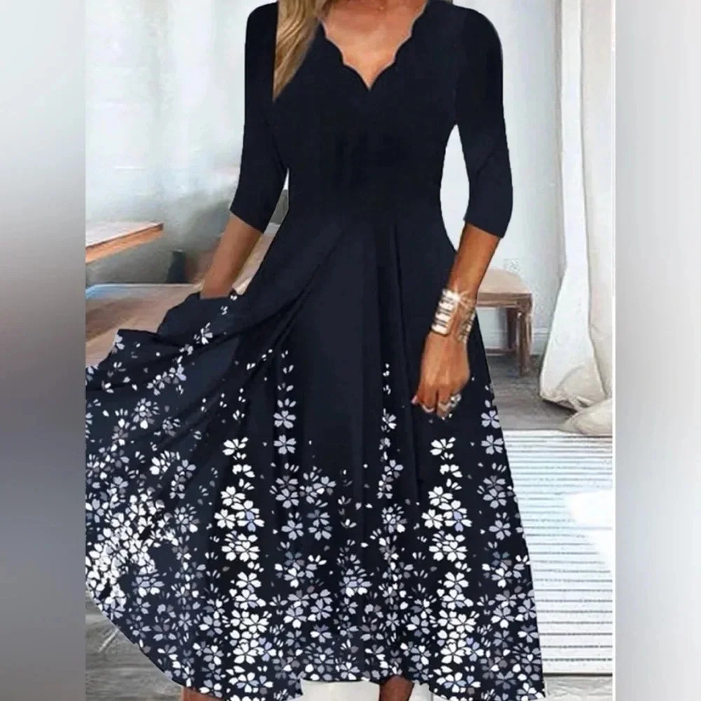 Noracora Shift Dress Scalloped Neckline 3/4 Sleeve Navy Women's Small NWT